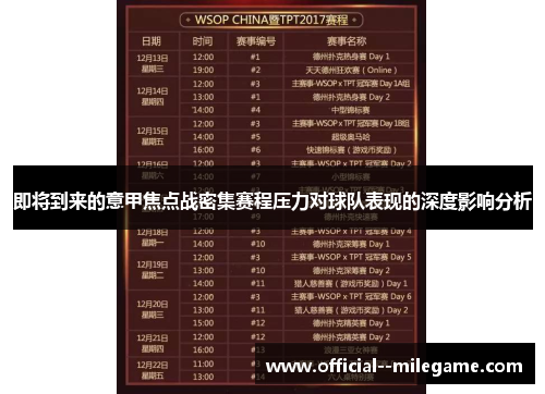 即将到来的意甲焦点战密集赛程压力对球队表现的深度影响分析 即将到来的意甲焦点战密集赛程压力对球队表现的深度影响分析